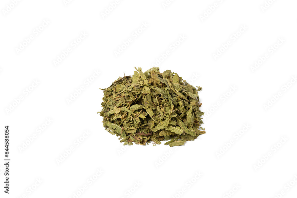 Dried leaves o Lemon verbena in latin Aloysia citrodora heap isolated on white background. Medicinal herb. Lemon verbena leaf extract is used for its energizing and refreshing properties,lemony scent. Dried leaves o Lemon verbena in latin Aloysia citrodora heap isolated on white background. Medicinal herb. Lemon verbena leaf extract is used for its energizing and refreshing properties,lemony scent.