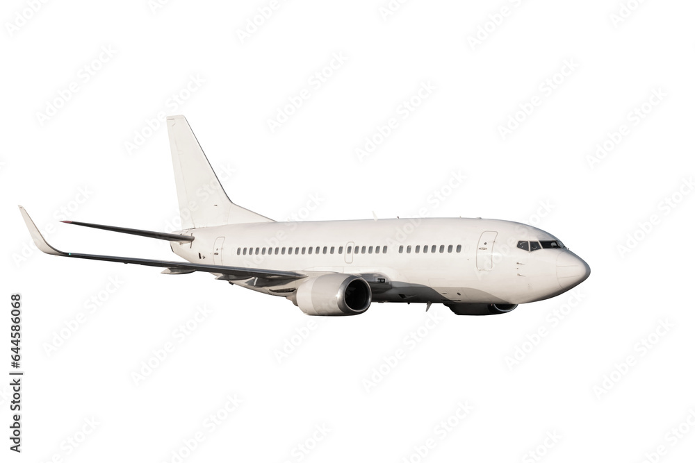 White passenger jet plane flies isolated White passenger jet plane flies isolated