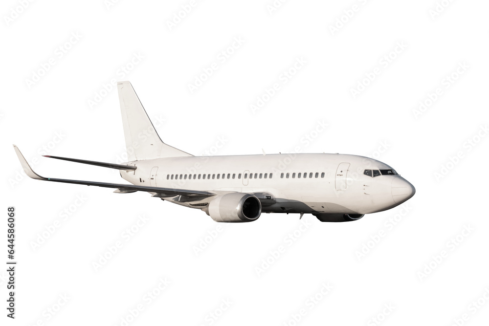 White passenger jet plane flies isolated