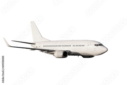 White passenger jet plane flies isolated