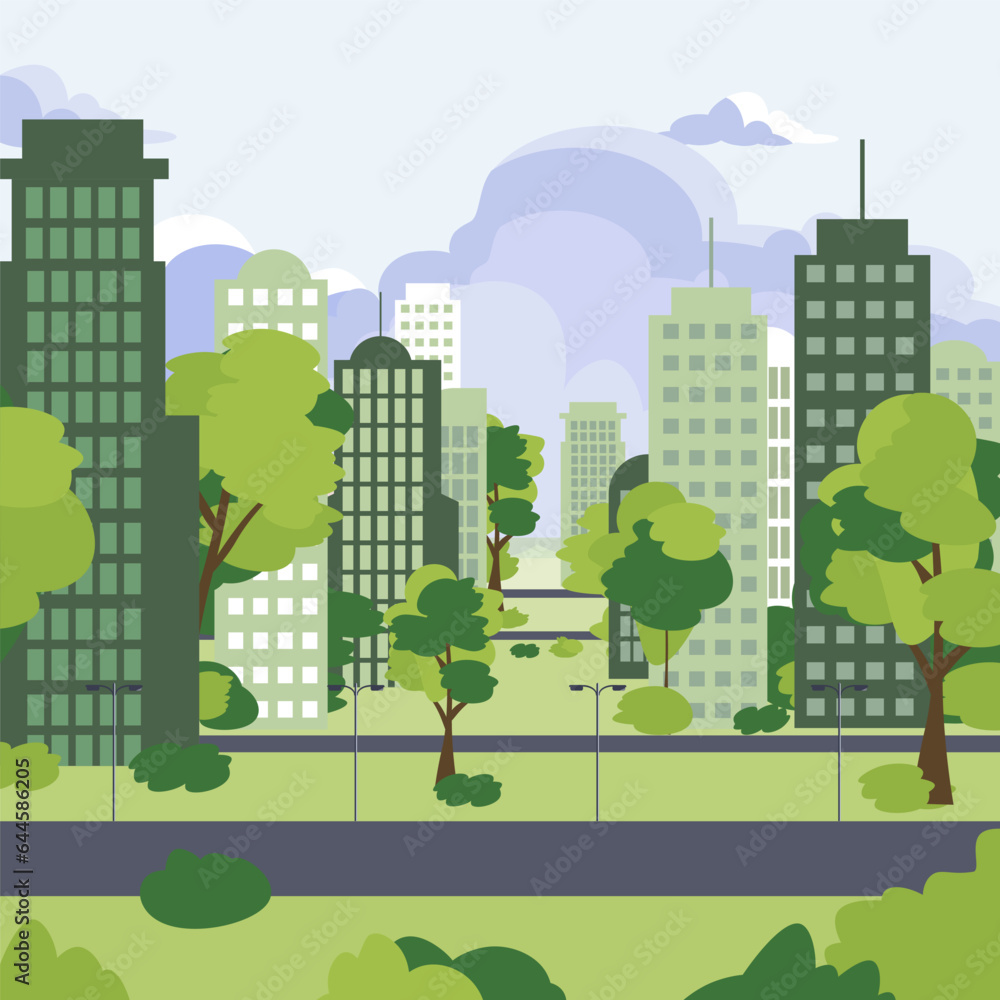 Green city infrastructure vector illustration. Modern eco-friendly skyscrapers with green roofs, parks and trees among buildings in urban area. Climate change, ecology, vegetation concept