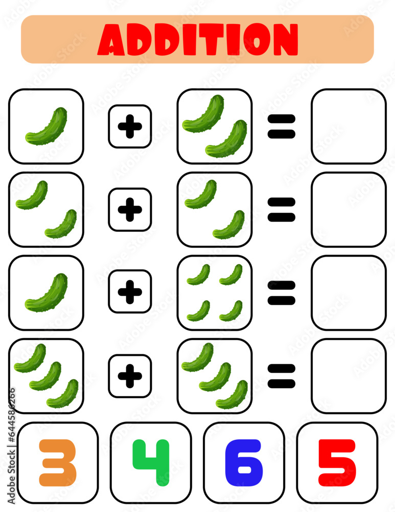 Addition of cucumbers. A task for children. Educational development sheet. Color activity page. A game for children. Addition of cucumbers. A task for children. Educational development sheet. Color activity page. A game for children.