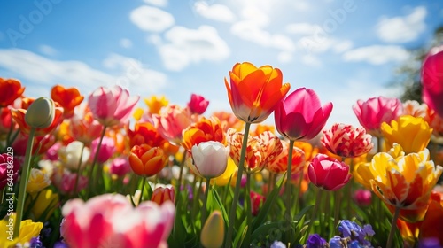 Vibrant  blooming field of colorful tulips under blue sky.