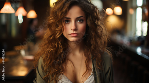 portrait beautiful woman with curly hair in cafe