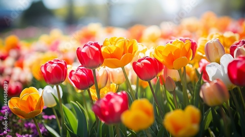 Vibrant, blooming field of colorful tulips under blue sky.