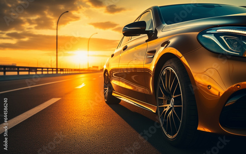 Luxurious car parked on the highway with an illuminated headlight at sunset © MUS_GRAPHIC