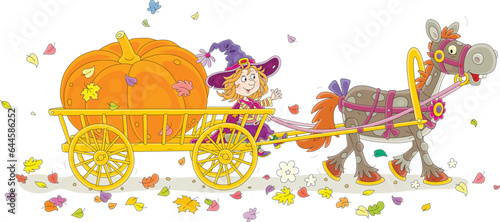 Little witch carrying a giant orange pumpkin from an autumn vegetable garden on her wooden cart pulled by a funny horse, vector cartoon illustration isolated on a white background