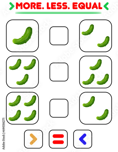 Compare the number of cucumbers. Write the sign more , less, equal. Teaching children. Education for kindergarten
