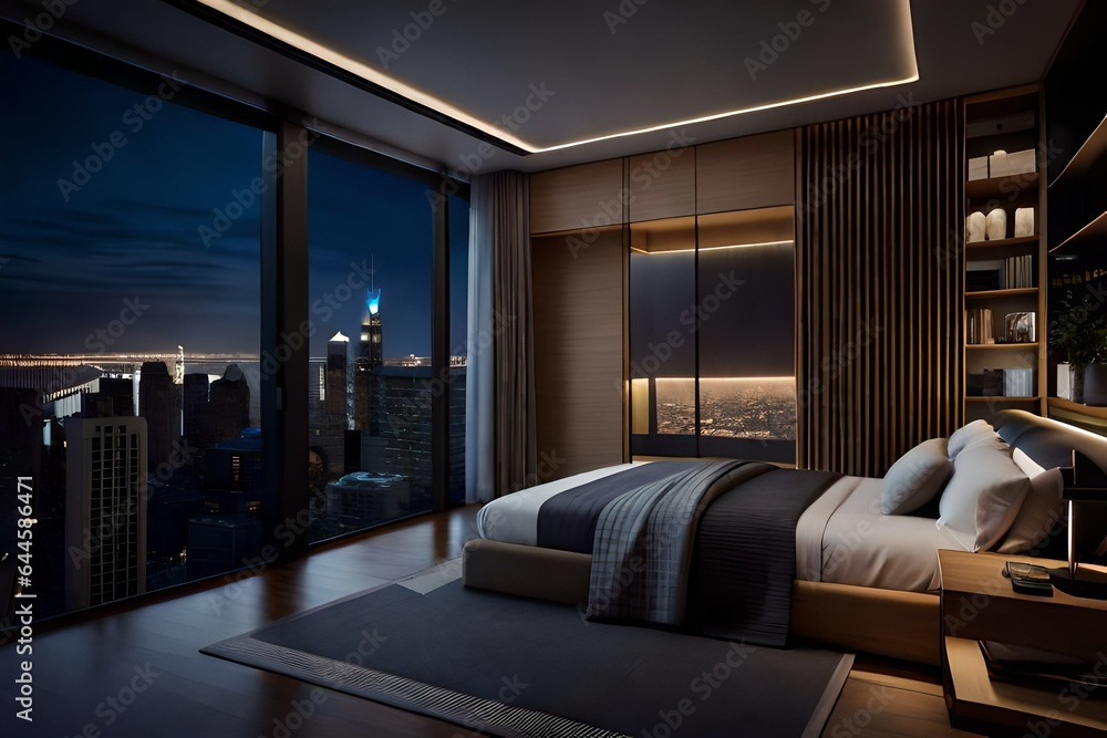 Naklejka premium Penthouse bedroom at night, dark gloomy, A room with a view of the city from the bed. Generative AI
