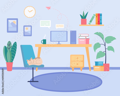Comfortable working space at home vector illustration. Home office set-up with desk, computer, books and equipment for remote work or studies, cat on chair. Self-employment, decor concept