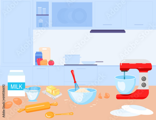 Culinary and baking equipment vector illustration. Mixer with bowl, whisk, butter and flour, tools and ingredients for cooking food or dessert. Bakery, kitchen gadgets, homemade food concept