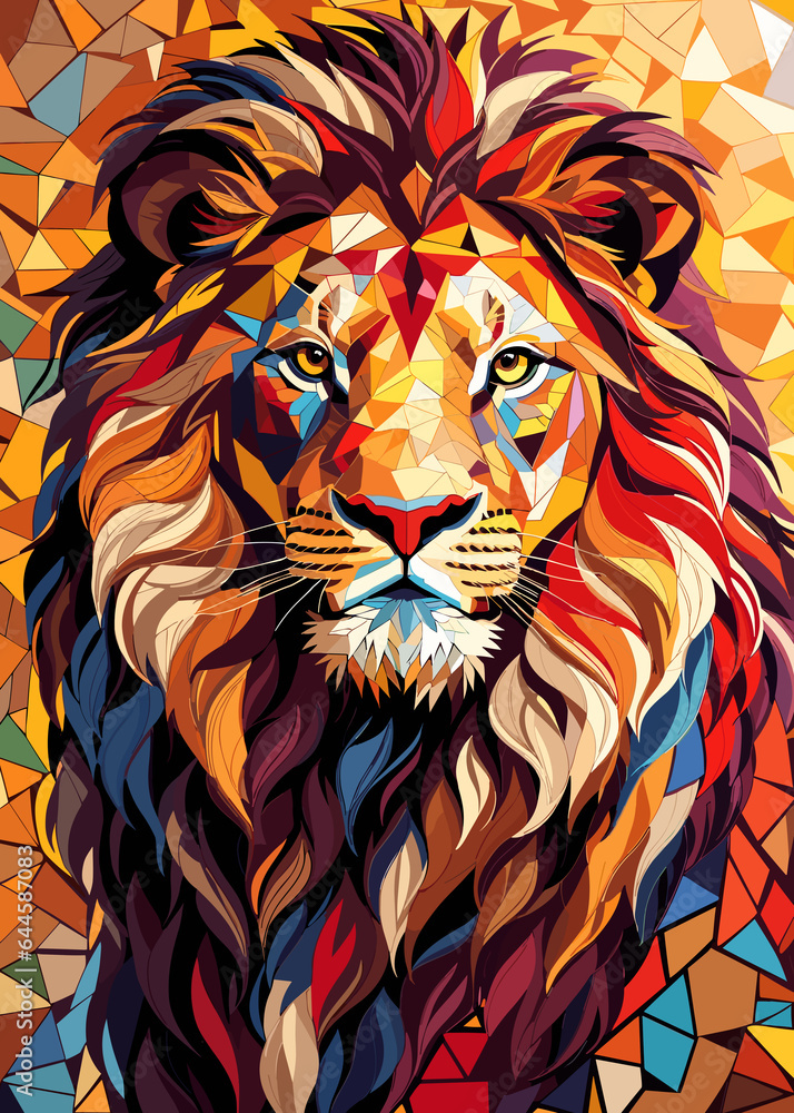 Mosaic Lion multifaceted portrait with vibrant colors
