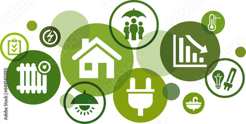 Energy saving vector illustration. Green concept with icons related to efficiency & conservation, adjustment of heating & lighting, reducing domestic energy bill, sustainability, power consumption.