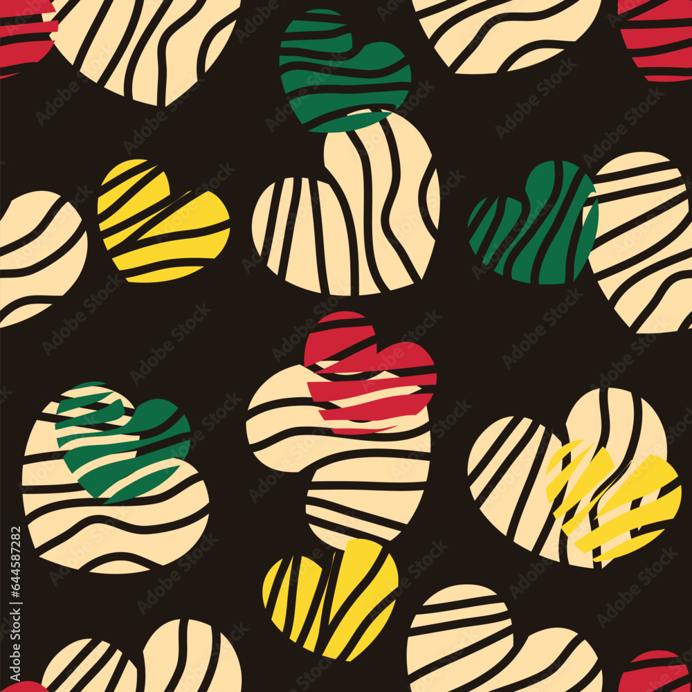 Hearts textured chaotic seamless pattern in national African colors