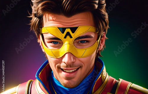 Portrait of a handsome young man in superhero costume and wearing a mask