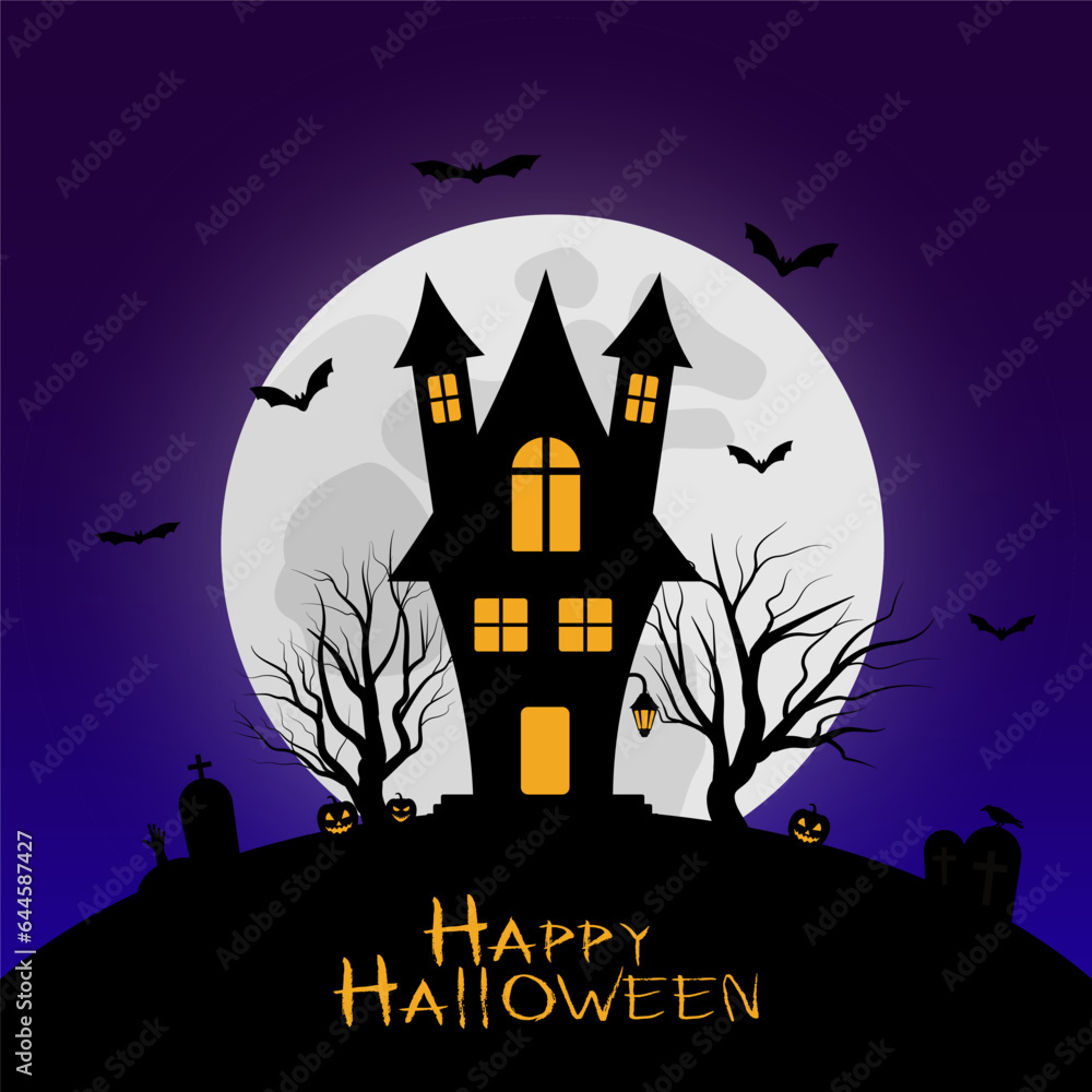 Happy halloween spooky house, moon and bats vector illustration