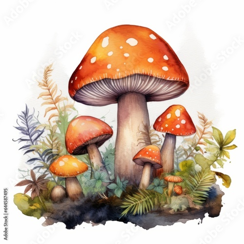 Watercolor illustration magical enchanted forest mushroom clipart by hand on white background.