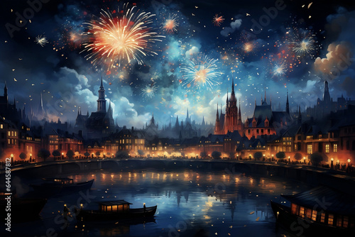 Sparkling fireworks illuminating a vibrant New Year's celebration background