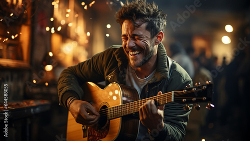 Foto musician playing acoustic guitar in the garden