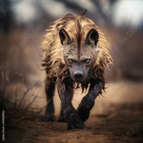 Dirty and wet brown hyena in the wild