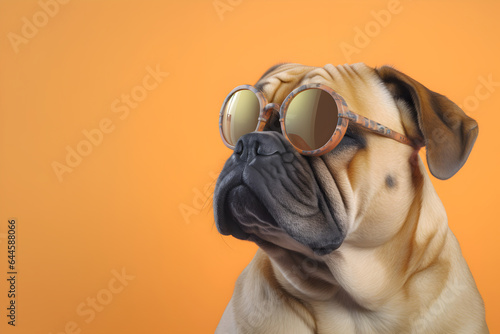 Creative animal concept. Bullmastiff dog puppy in sunglass shade glasses isolated on solid pastel background, commercial, editorial advertisement, surreal surrealism