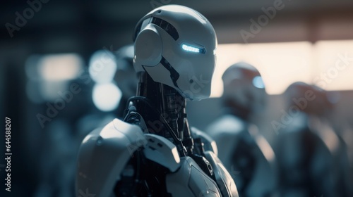 close up of a metal robot portrait, head shot from angle, isolated background blur, artificial intelligent wallpaper, titan humanoid android robotics