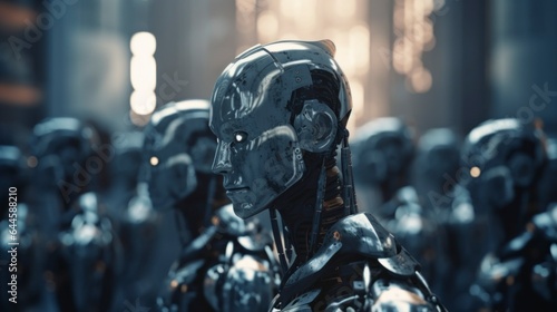 close up of a metal robot portrait, head shot from angle, isolated background blur, artificial intelligent wallpaper, titan humanoid android robotics © Arctic