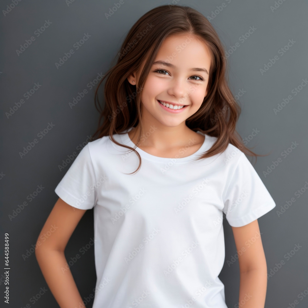 Smiling caucasian teenage girl wearing a white T Shirt mockup on gray background. AI Generative Smiling caucasian teenage girl wearing a white T Shirt mockup on gray background. AI Generative