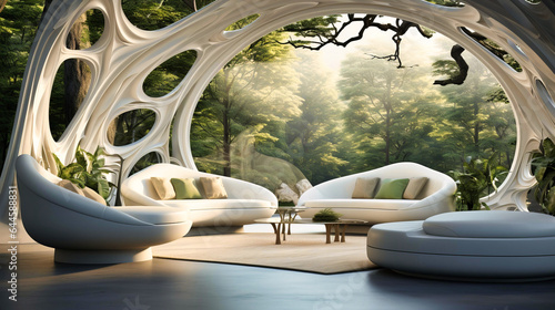 Sleek white furniture complemented by oversized indoor trees