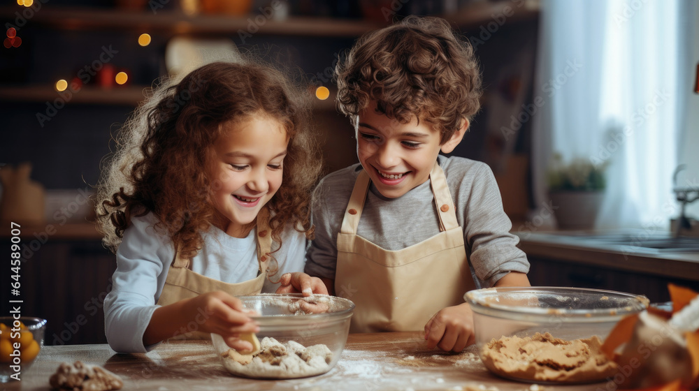 Happy kids baking delicious cookies. Generative AI