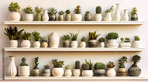 Minimalist white shelves displaying an array of succulents