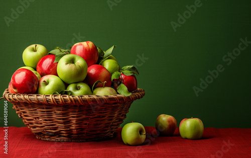 A basket of apples on a table with a green background