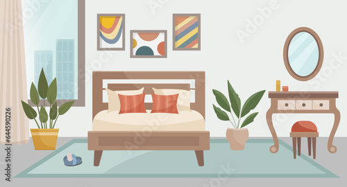 Cozy bedroom. Bedroom interior: bed, dressing table with chair, carpet, potted plants, paintings, window overlooking the city. Interior concept. Vector flat illustration