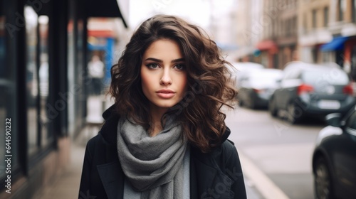 Pretty stylish brunette girl wistfully looking in camera while resting on city street