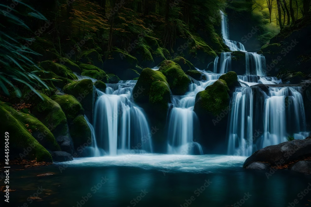 A cascading waterfall framed by vibrant foliage, the water's movement frozen in a moment of time 
