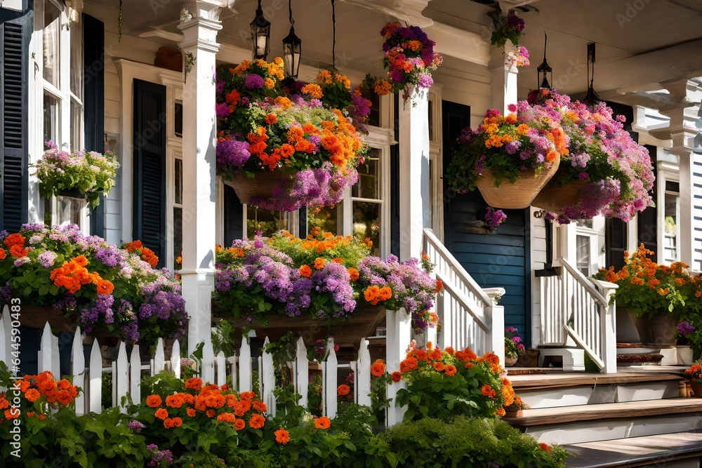 A traditional home's front porch adorned with hanging baskets overflowing with colorful blooms, inviting visitors to linger 