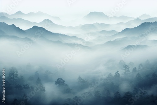 a foggy mountain range with trees, foggy volumetric light morning, landscape