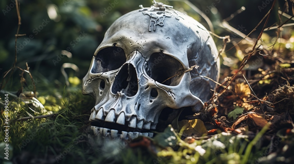 Selective focus shot of a skull in a graveyard