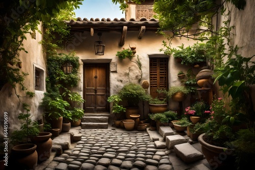 A serene view of a traditional home s courtyard  with a cobblestone path leading to an antique wooden door 
