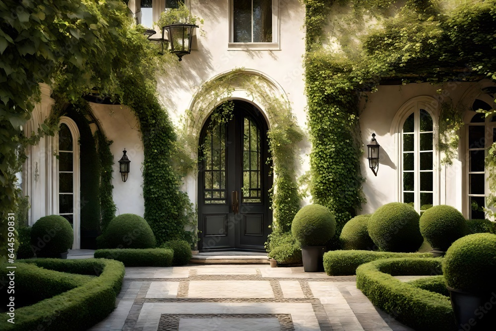 The elegance of a traditional home's arched entryway, framed by lush climbing vines and delicate topiaries 