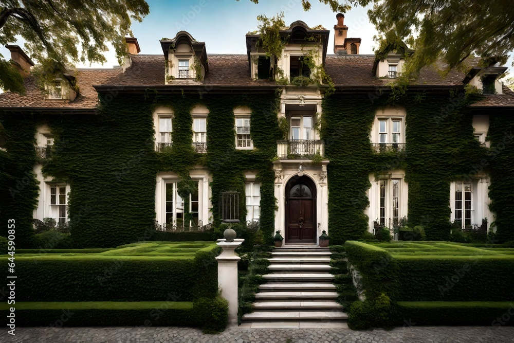 The symmetrical elegance of a traditional mansion's façade, adorned with climbing ivy and charming dormer windows 
