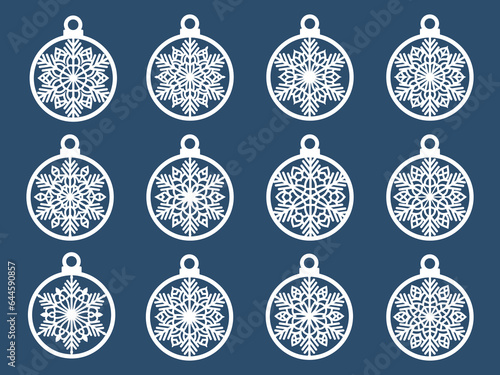 Set of laser cut Christmas balls with snowflake cutout of paper Sample Template for Christmas card  invitation for Christmas party For laser or plotter cutting printing serigraphy 