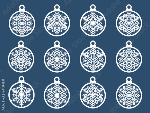 Set of laser cut Christmas balls with snowflake cutout of paper Sample Template for Christmas card, invitation for Christmas party For laser or plotter cutting printing serigraphy	