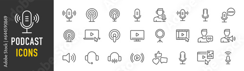 Podcast web icons in line style. Microphone, radio, webcast, audio, video, news, collection. Vector illustration.