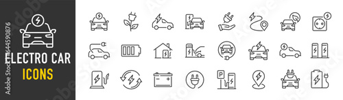 Electro Car web icons in line style. Logistic, electrical, charger, charging station, battery, eco transport ,collection. Vector illustration.