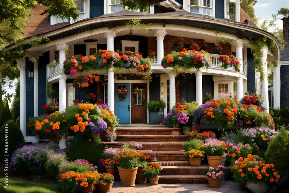 Fototapeta premium A traditional home's front porch adorned with hanging baskets overflowing with colorful blooms, inviting visitors to linger 