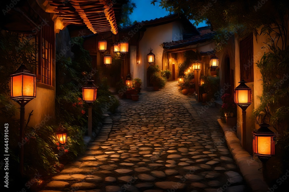 The warm glow of traditional lanterns illuminating a cobblestone pathway leading to a charming residence 