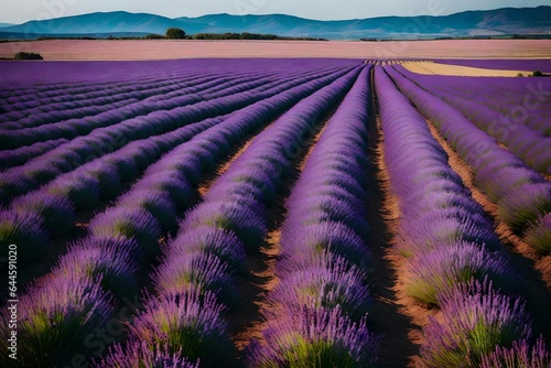 Rolling lavender fields under a pastel sky  where the horizon meets in a harmonious blend of colors 