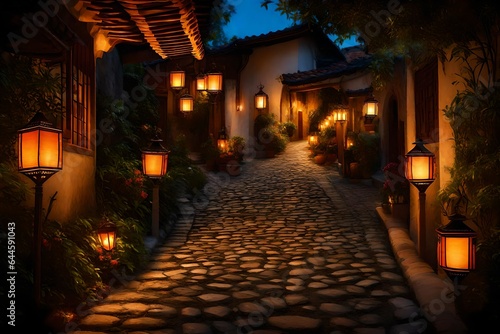 The warm glow of traditional lanterns illuminating a cobblestone pathway leading to a charming residence 