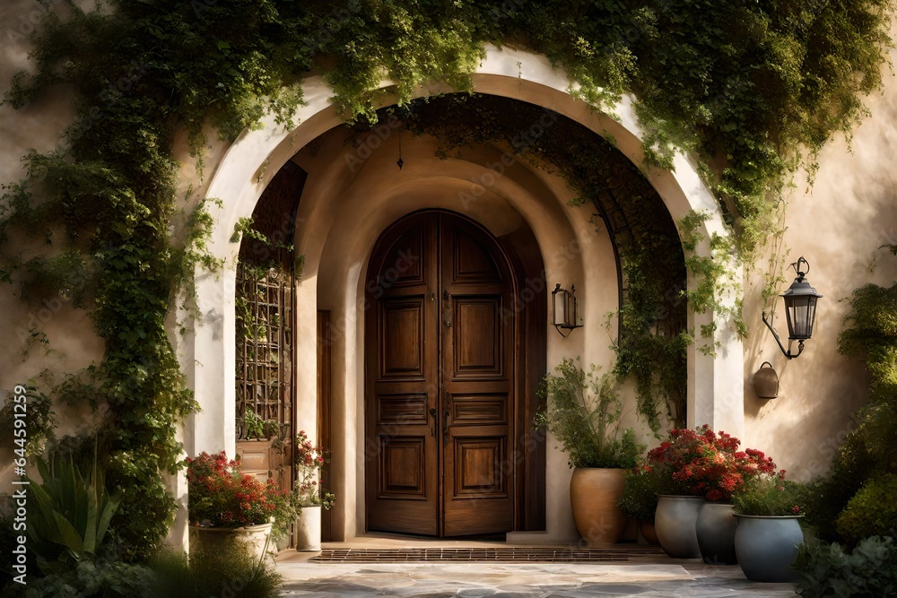 A graceful arched doorway of a traditional home, inviting guests into a world of timeless elegance 